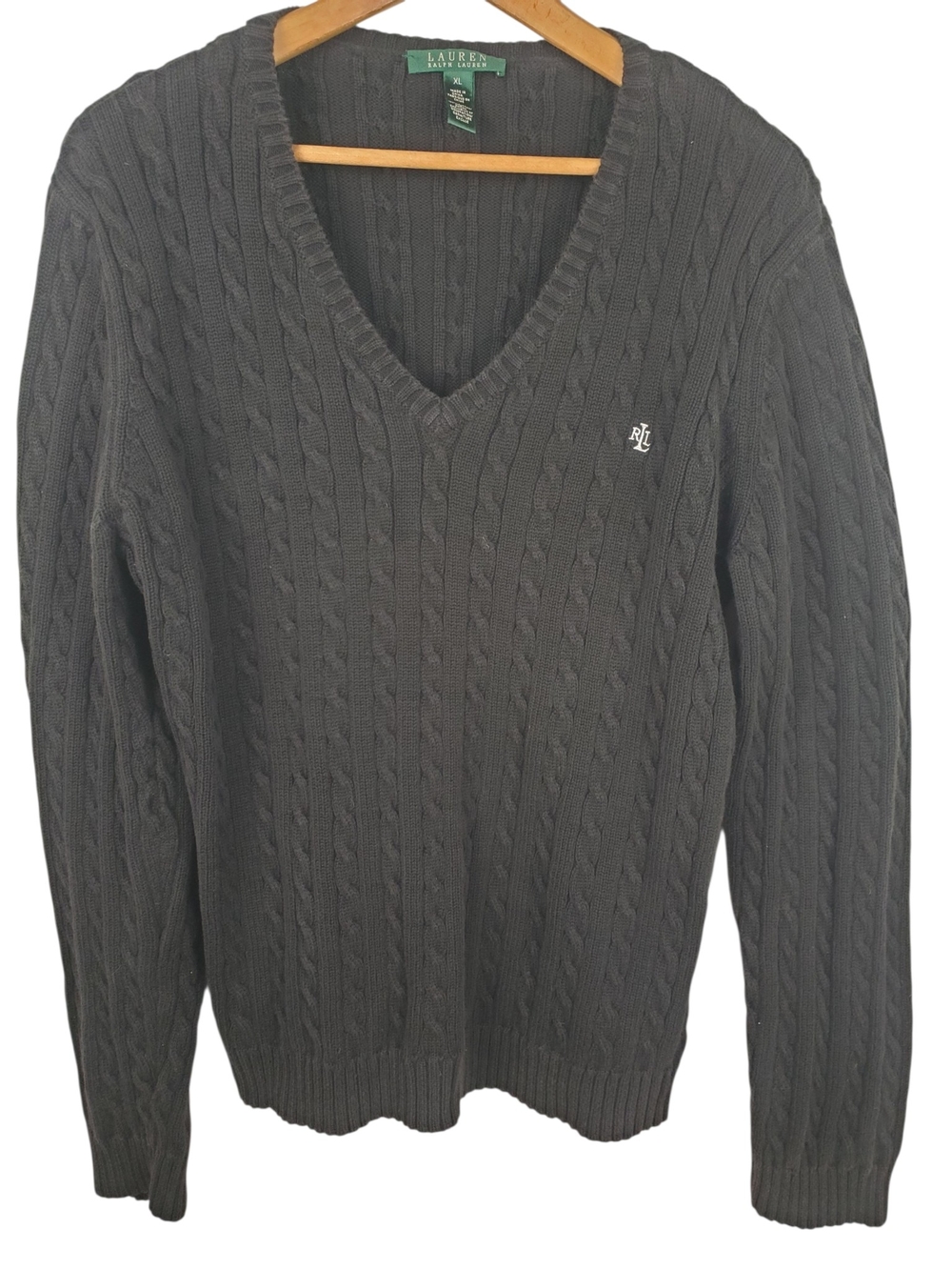 Lauren Ralph Lauren Women's Black Cable V-Neck Sweater. XL. #364